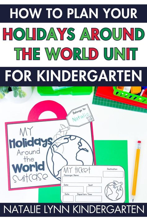 Let me help you plan the best Holidays Around the World Unit for your Kindergarten or First Grade classroom. If you are a kindergarten or first grade teacher you know how important it is to have easy, fun activities as you approach the holiday season, Christmas and winter break. These Holidays Around the World centers, activities, crafts, passport, and suitcase make traveling to each country fun for your students. Find everything you need for the perfect Holidays around the World Unit here. Christmas Around The World 1st Grade, December Social Studies Kindergarten, Holidays Around The World For Preschool, Christmas Around The World Lesson Plans, Winter Holidays Around The World Crafts, Holidays Around The World Preschool Free, Holiday Activities For Kindergarten, Christmas Around The World 2nd Grade, A World Of Cookies For Santa Activities