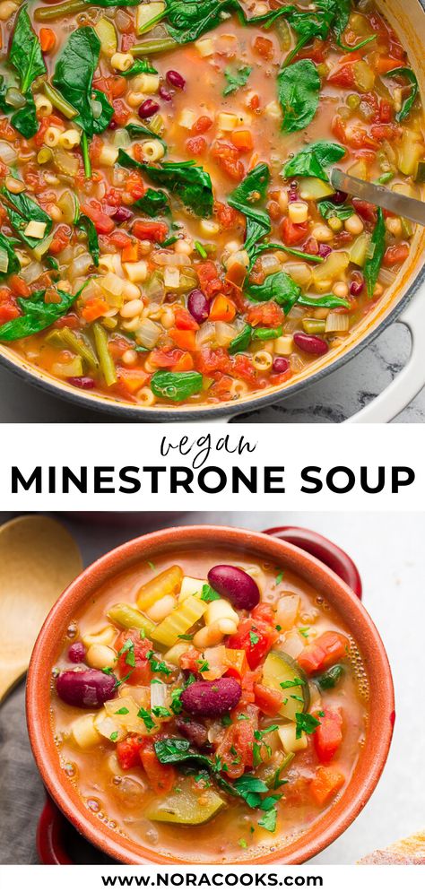 Better than Olive Garden Vegan Minestrone Soup! Loaded with vegetables, pasta, beans and a rich broth, this hearty soup is made in 1 pot and ready in about 30 minutes. Vegan Minestrone, Soup Minestrone, Vegan Minestrone Soup, Nora Cooks, Clean Lunches, Vegetables Pasta, Hearty Vegetable Soup, Plant Based Soups, Kids Juice