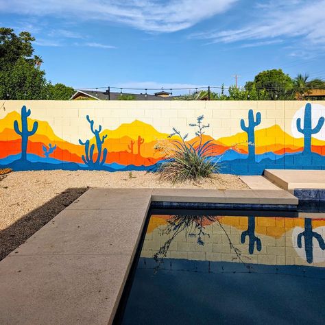 The mural is finished! I've been so engrossed with the van build this year that I haven't done much painting, so this 65' wall was a perfect canvas to satisfy my artistic itch! The bold colors really transformed the backyard and I love how they reflect in the pool. This was such a fun project and I'm grateful to @sandybjohnson for giving me the opportunity to create it! Poolside Mural Ideas, Outdoor Wall Mural Ideas, Backyard Wall Painting Ideas, Mural Wall Art Creative, Pool Wall Mural, Concrete Wall Mural, Cinderblock Wall, Backyard Mural, 2025 Kitchen