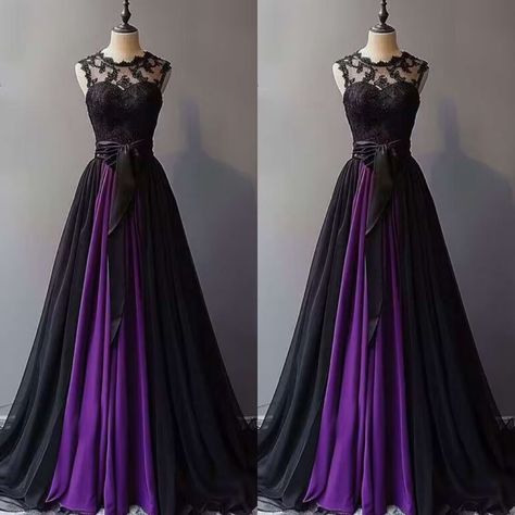 Gothic Wedding Dress Black Purple Chiffon Sleeveless Lace Applique Bridal Gowns | eBay Purple And Black Bridesmaid Dresses, Gothic Wedding Dress Black, Dark Purple Bridesmaid Dresses, Halloween Wedding Dresses, Dark Purple Wedding, Villain Dresses, Goth Wedding Dresses, Witchy Wedding, Joshua Colley