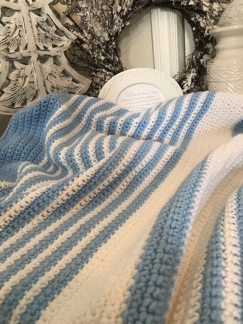 Baby Boy Blanket Crochet, Blue Crib Bedding, Blue Crochet Blanket, Baby Blue Nursery, Boho Baby Blankets, Newborn Baby Boy Gifts, Blue Crib, Boy Crochet, Striped Baby Blanket