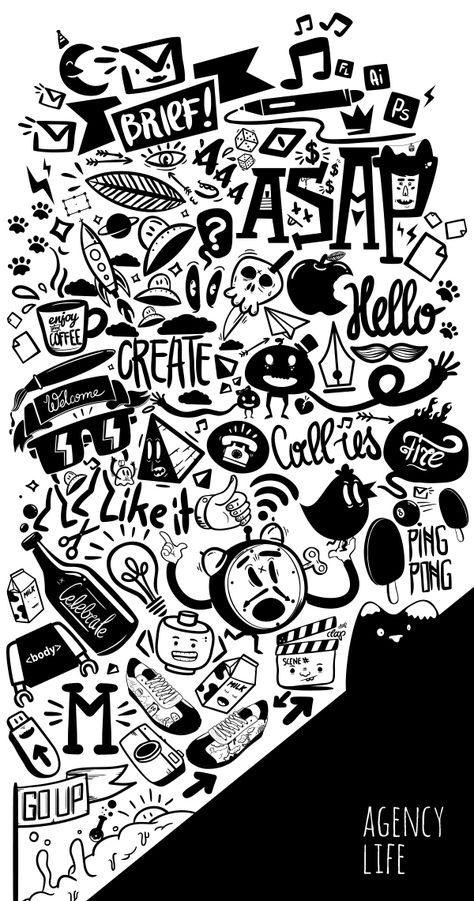 Agency life on Behance Doodle Art Wall Painting, Doodle Art Graphic Design, Graffiti Doodle Art, Wall Doodle Art, Doodle Art Wallpaper, Wall Doodle, Black And White Mural, Doodle Wallpaper, Doodle Wall