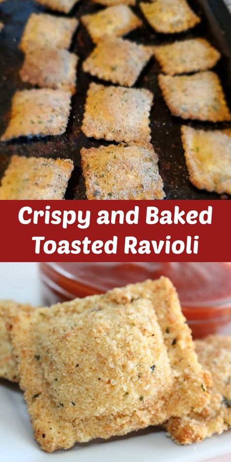 Crispy and Baked Toasted Ravioli, ravioli, appetizers Ravioli Skewers Appetizers, Breaded Ravioli Baked, Toasted Ravioli Baked, Baked Ravioli, Fried Ravioli Recipe, Ravioli Bake, Grilled Chicken Marinade, Toasted Ravioli, Skewer Appetizers