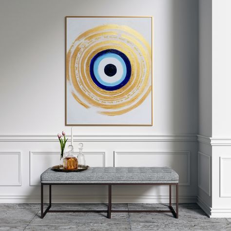 Good Thoughts Painting, Home Decor Acrylic Painting, Hamsa Wall Art, Beautiful Paintings Creative, Evil Eye Painting Ideas, Nazar Painting, Evil Eye Art Painting, Evil Eye Artwork, Mixmedia Painting