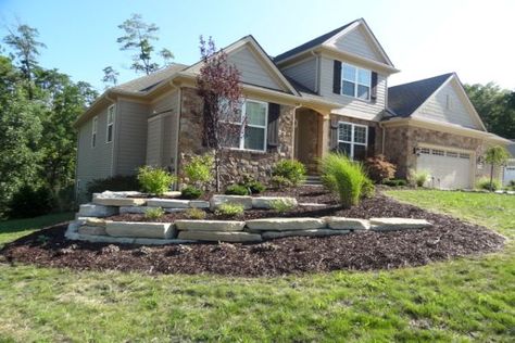 Lannon Stone Landscaping, Landscape Design Retaining Wall, Low Stone Wall Front Yard, Front Yard Wall Ideas, Fieldstone Landscaping, Sloped Front Yard, Natural Stone Retaining Wall, Front Landscape, Landscaping A Slope