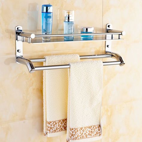 Towel Rack Bathroom Hanging Ideas, Bathroom Towel Hanging Ideas, Towel Hanging Ideas, Shelf Makeup, Bathroom Glass Wall, Makeup Shelf, Toallero Ideas, Glass Bathroom Sink, Bathroom Shelves For Towels