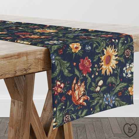 Floral Navy Blue Table Runners French Country Farmhouse Decor Custom Made to Order https://betsieriverhomespun.com/products/table-runners-ddnavy Floral botanical table runners featuring various flowers on a navy blue background. Brighten up your dining experience with these unique table runners. Not only will your table look beautiful, but you'll also get a little taste of nature's magic every time you sit down for a meal. Perfect for adding a touch of charm to any farmhouse, French country,... Unique Table Runners, Blue Table Runners, Navy Blue Table Runner, French Country Farmhouse Decor, Blue Table Runner, Rustic French Country, Farmhouse French Country, Floral Table Runner, French Country Farmhouse