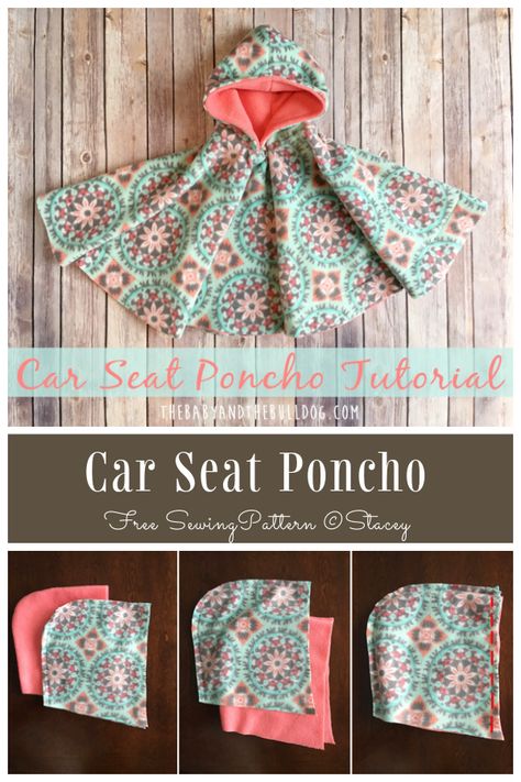 DIY 2-Layer Fleece Car Seat Poncho Free Sewing Patterns Diy Sewing Gifts For Kids, Things To Make With Fleece, Sewing Patterns For Kids Clothes, Diy Fleece Projects, Baby Sewing Projects Free, How To Make A Poncho From Fabric, Poncho Sewing Pattern Free, Fun Sewing Ideas, Easy Sew Baby Projects