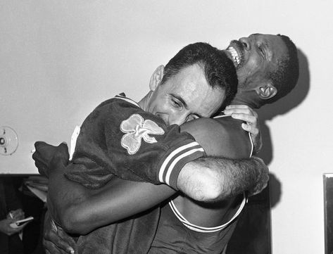 Bob Cousy and Bill Russell celebrate their 1963 NBA title. (Ed Widdis/AP) Bob Cousy, Boston History, Celtic Pride, Bill Russell, Kareem Abdul, Black Presidents, Boston Sports, Nba Champions, Latest Sports News