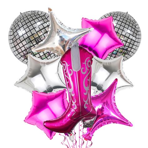 PRICES MAY VARY. Set includes: elevate your cowgirl-themed party with our disco cowgirl party decorations set. cowgirl disco balloon set includes 2 disco balloons, 4 star balloons, 2 four-pointed star balloons, and 1 boot balloon, creating a vibrant and engaging atmosphere that will transport your guests to a disco-infused western world Eye-catching design: each balloon in the set features charming details that capture the essence of cowgirl fashion and disco flair. the combination of pink, silv Pink Cowgirl Party, Disco Ball Balloons, Disco Balloons, Disco Cowgirl Party, Cowgirl Party Decorations, Ball Balloons, Cowgirl Disco, Club Birthday, Star Balloons