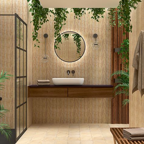 Otaru Bamboo Effect Cream Wall Tiles - 150 x 300mm Wood Tile Shower, Rustic Tile, White Wall Tiles, Bamboo Bathroom, Beige Tile, Cream Walls, Bamboo Wall, Kitchen Wall Tiles, Bathroom Countertops