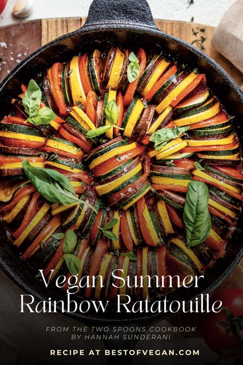 Get the exclusive recipe for vegan summer rainbow ratatouille from The Two Spoons Cookbook by Hannah Sunderani at bestofvegan.com. #bestofvegan #thetwospoonscookbook #hannahsunderani #bestofveganfood #veganratatouillerecipe #veganratatouille #ratatouillerecipe #rainbowratatouille Vegan Ratatouille, Green Zucchini, Ratatouille Recipe, Healthy Plant Based Recipes, Pescatarian Recipes, Savory Vegan, Vegan Cookbook, Best Vegan Recipes, Recipe Roundup