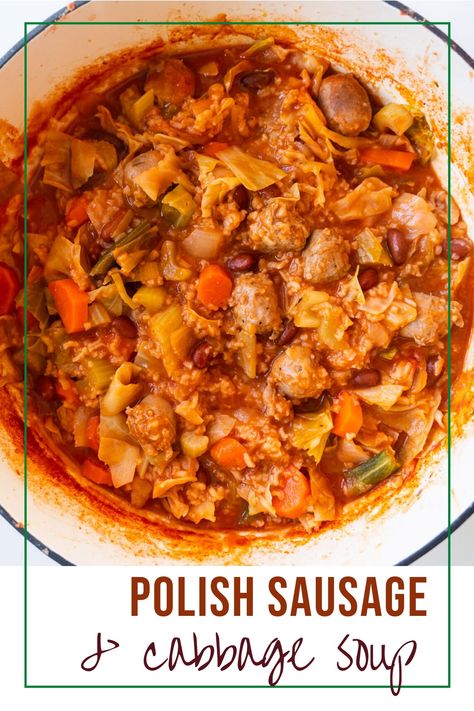 Delicious Polish Sausage and Cabbage Soup made on the stovetop.  This easy hearty sausage soup recipe will make any Polish Grandma proud! Polish Sausage And Cabbage, Sausage And Cabbage Soup, Cabbage And Smoked Sausage, Ham And Cabbage Soup, Sausage Cabbage, Sausage And Cabbage, Homemade Vegetable Beef Soup, Ham And Cabbage, Slow Cooker Kielbasa