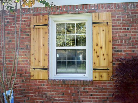 cedar shutters | cedar shutters | Flickr - Photo Sharing! Shutters With Black Hardware, Brick Whitewash, Diy Wood Shutters, Shutter Projects, Farmhouse Shutters, Cedar Shutters, House Shutters, Diy Shutters, Door Awnings