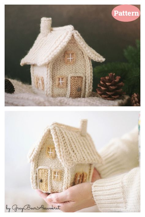 Winter House Knitting Pattern Knit House Pattern, Knitted Gingerbread House Free Pattern, Hygge Knitting Patterns, Christmas Decor Knitting, Gingerbread Knitting Pattern, Knitted House Pattern, Holiday Knitting Patterns Free, Crochet Christmas Village Free Pattern, Knitting Gift Ideas Christmas