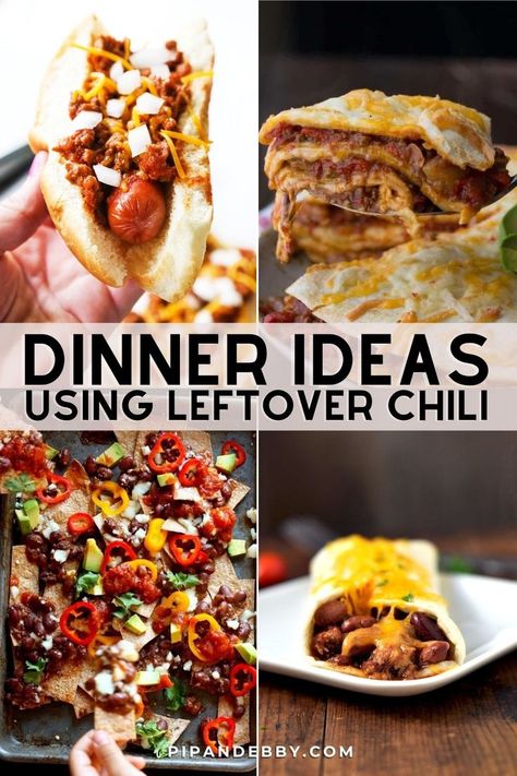 Collage of foods using leftover chili as the main ingredient. Recipes That Use Chili, What To Do With Leftover Chili Recipes, Things To Make With Chili Leftovers, What To Do With Chili Leftovers, Recipes With Canned Chili, Chili Leftover Recipes, Leftover Stew Ideas, Chilli Leftovers Ideas, Recipes For Leftover Chili