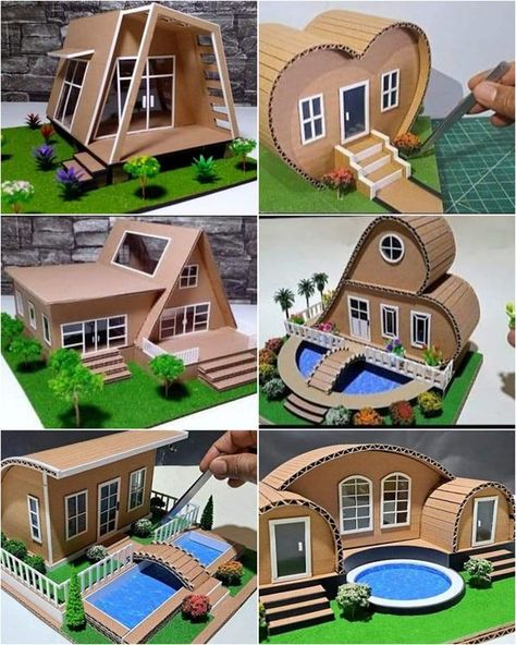 Miniature Houses Diy Cardboard, Cardboard Houses, Fairy House Crafts, Cardboard Box Crafts, Diy Table Decor, Cardboard Sculpture, Paper City, Garden Crafts Diy, Hand Crafts For Kids