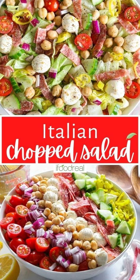 Italian Chopped Salad (20 Minutes) - iFoodReal.com Easy Homemade Italian Dressing, Lettuce Salad Recipes, Traditional Greek Salad, Italian Salad Recipes, Homemade Italian Dressing, Chopped Salad Recipes, Italian Chopped Salad, Yummy Salads, Italian Salad Dressing