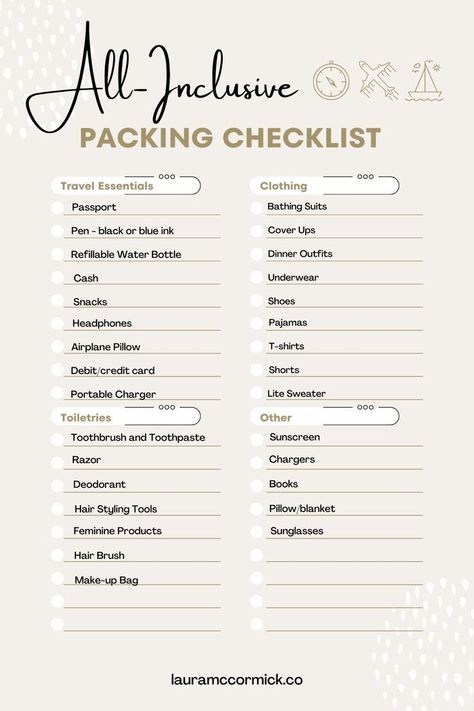 I've put together the perfect lists of everything you'll need to bring on an All-Inclusive vacation. Whether it's an all-inclusive resort, cruise, etc. this is the perfect checklist when packing for your vacation! Free to print out if you want a copy to have for your next all-inclusive vacation! What To Bring To Mexico All Inclusive, Vacation Prep Checklist Beauty, Bahamas Checklist, Vacation Must Haves Packing Lists, What To Do Before Vacation, Resort Vacation Packing List, What To Pack For All Inclusive Resort, Vacation Prep Checklist, Pre Vacation Beauty Prep