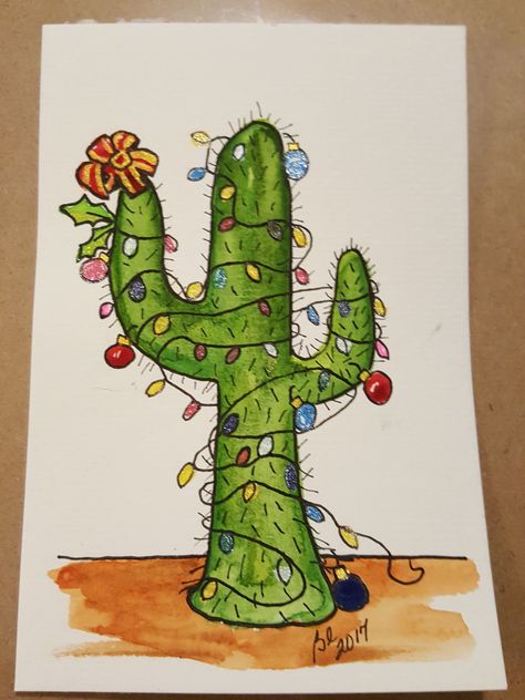 Cactus Christmas Tree, Desert Christmas, Cactus Christmas Trees, Christmas Lights Clipart, Paintings Nature, Fun Doodles, Window Paint, Cactus Christmas, Flowers Paintings