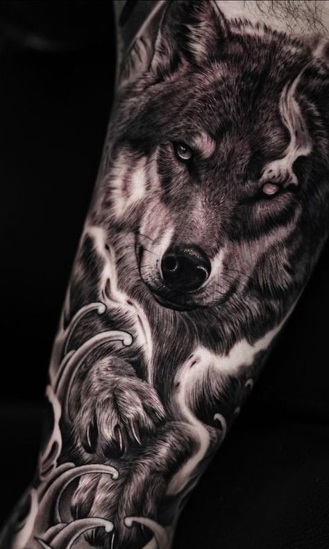 Half Sleeve Tattoos Wolf, Wolf Art Drawing, White Wolf Tattoo, Wolf Tattoo Forearm, Fenrir Tattoo, Animal Sleeve Tattoo, Wolf Tattoo Sleeve, Forest Tattoos, Forearm Sleeve Tattoos