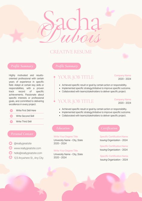 Let your career soar with a touch of whimsy! ☁️💖 Our Beige and Pink Cute Dreamy Cloud Creative Resume design blends soft elegance with creative flair, making your resume stand out in the most delightful way. Ready to make your dreams a reality? Cute Resume, Creative Resume Design, Infographic Resume, Beige And Pink, Creative Resume Templates, Cv Template, Resume Design, Resume Template, Resume Templates