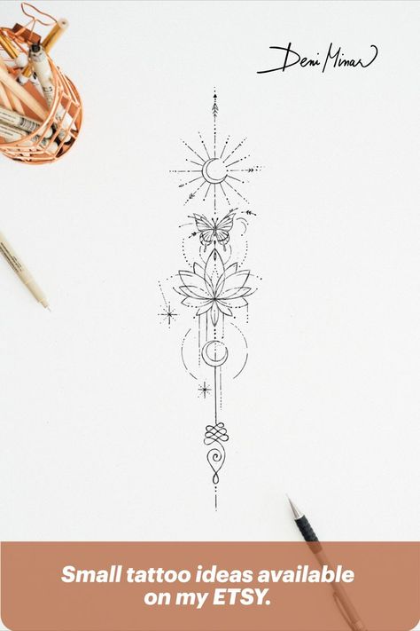 Sun and moon tattoo set - These travel tattoos with butterfly and lotus flower are delicate line drawings by a Slovak artist Deni Minar. These elegant artworks were created as tattoo inspiration for travel lovers and explorers! Click on this pin to download a small tattoo design from Deni's ETSY store! This post is about - Tattoo art, beautiful tattoo, travel tattoo, tattoo for women, sun tattoo, moon tattoo, mountain art, nature lovers. Male Selfie, Tattoo Sonne, Bohemian Tattoo, Flower Spine Tattoos, Sun Tattoo Designs, Hand And Finger Tattoos, Boho Tattoos, Moon Tattoo Designs, Small Tattoo Ideas