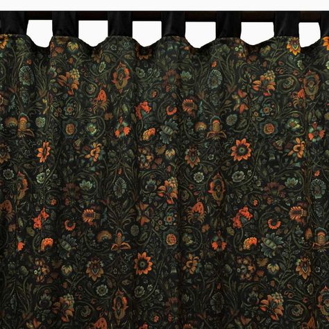 Gothic Mid Century Modern, Goth Curtains, Cottagecore Curtains, Dark Academia Interior, Stylised Flowers, Mid Century Modern Curtains, Small Window Curtains, Flower Curtain, Black Backdrop