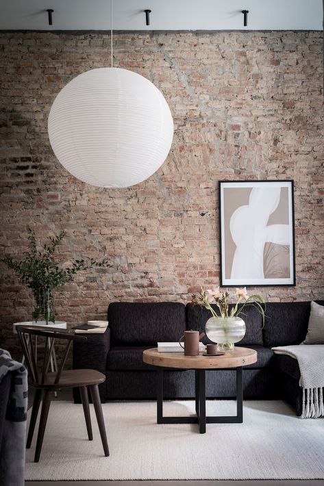 A Lovely Scandinavian Home With Exposed Brick — THE NORDROOM Minimalist Living Room Decor, Gravity Home, Scandinavian Apartment, Sala Grande, Exposed Brick Walls, Living Room Decor Ideas, Walls Room, Design Del Prodotto, Room Decor Ideas