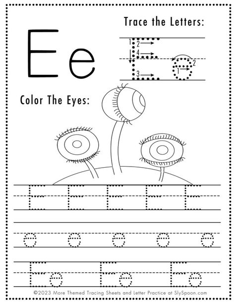 Free Halloween Themed Letter Tracing Worksheet Letter E is for Eyes - Set includes a variety of Letter E coloring and tracing worksheets. Ideal for homeschoolers & preschool teachers and perfect for Halloween-themed lesson plans! 🍁🖍👻🎨 #Homeschooling #PreschoolEducation #PreKLearning #HalloweenActivities #AlphabetWorksheets #AutumnLeaves #Printables #Freeprintable #letterE #FreeprintableHalloweenWorksheet #HalloweenWorksheets E Is For Eyes, E Tracing Worksheet, Letter E Tracing, Letter E Craft, Letter Tracing Printables, Halloween Vocabulary, Free Printable Halloween, Halloween Worksheets, Letter Tracing Worksheets