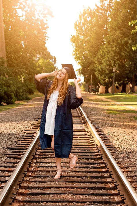 grad ideas, graduation ideas, pictures, photo ideas Railroad Graduation Pictures, Senior Picture Ideas Train Tracks, Senior Pictures Railroad Tracks, Railroad Senior Pictures, Train Track Photoshoot, Single Poses, High School Graduation Pictures, Grad Picture Ideas, Grad Poses