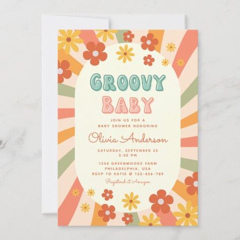 $2.77 | Retro Groovy Wavy Sunshine Flower Baby Shower | Baby Shower Invitations | groovy, groovy baby, retro 70s, retro 60s, sunshine, flower, yellow orange, sun, retro, funky Flower Gender Reveal, Sunshine Baby Shower Invitations, Retro Baby Showers, Flower Baby Shower, Sunshine Baby Shower, Sunshine Baby Showers, Gender Reveal Party Invitations, Baby Shower Diaper Raffle, Baby Shower Flowers