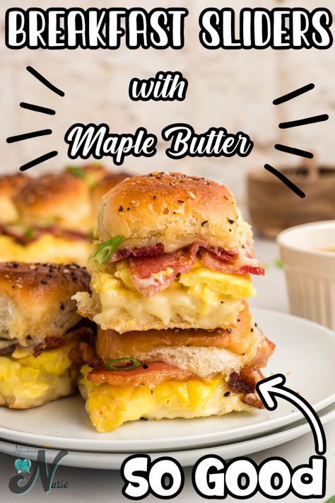 Breakfast Sliders are loaded with all your breakfast favorites with salty bacon, scrambled eggs, and American Cheese on Hawaiian rolls dipped in Maple Syrup butter. These sliders are mouth-watering good and great for any meal. Breakfast Sliders Hawaiian Rolls With Maple Syrup, Breakfast Sliders With Maple Syrup, Breakfast Sliders Bacon, Breakfast Sliders Hawaiian Rolls, Bird Dessert, Lake Recipes, Hawaiian Dessert, Hawaiian Breakfast, Sliders Recipes Hawaiian Rolls