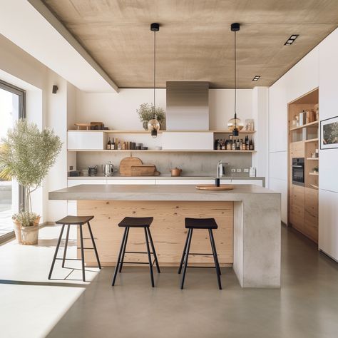 Modern Harmony: Our White Kitchen with Warm Wooden and Cool Concrete Accents 🍽️🏡 Immerse yourself in the perfect blend of clean white aesthetics, the warmth of wood, and the industrial touch of concrete. Discover the art of creating a kitchen that’s both contemporary and inviting. Explore the balance of textures and tones in achieving a harmonious culinary space. #HomeDecor #WhiteKitchen #WoodenAccents #ConcreteDesign #InteriorInspiration #KitchenGoals Kitchen Ideas Large, White And Concrete Kitchen, Concrete Floors White Kitchen, Kitchen Modern Minimalist, White Oak Kitchen Cabinets Concrete Floor, Modern Kitchen Concrete Floor, White And Wood Kitchen Modern, Kitchen With Gray Floor, White And Wooden Kitchen