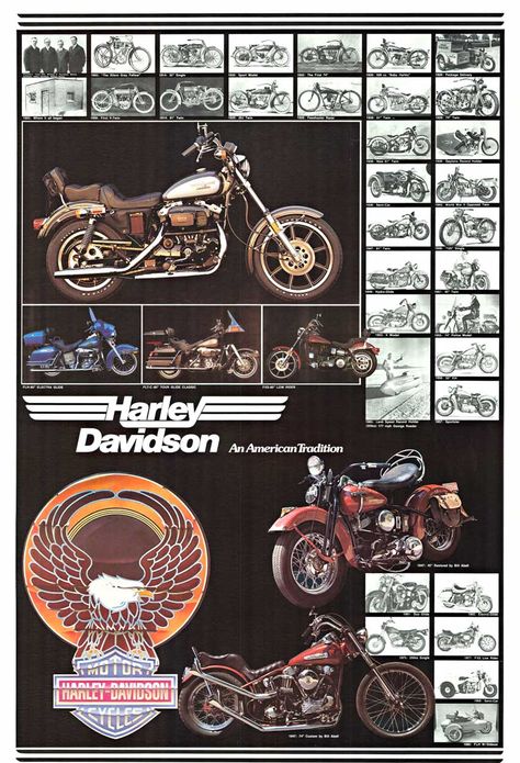 Harley Davidson / An American Tradition. Speedway: Copyright: Carl Hungness, ca. 1980s. Views of various Harley Davidson models throughout the company’s history, spanning 1903 to 1980. 35 x 23 ¼”. Linen backed. A. Harley Davidson Models, Motorcycle Poster, Old Posters, Harley Davidson Vintage, Vintage Motorcycle Posters, Harley Davidson Model, Motorcycle Posters, Vintage Motorcycle, Vintage Harley