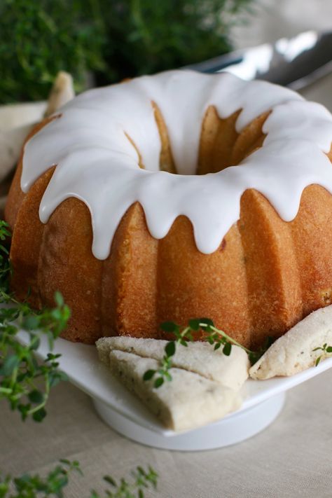 Lemon And Thyme Cake, Lemon And Thyme Drizzle Cake, Lemon Thyme Cake, Thyme Cake, Start Morning, Bunt Cake Recipe, Loaf Breads, Baking Competition, Glaze For Cake