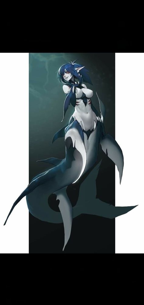 Shark girl grey black Fantasy Shark Monster, Shark People Dnd, Humanoid Shark Art, Shark Mermaid Art, Shark Woman Art, Shark Mermaid Character Design, Siren Oc Female, Shark Character Art, Female Shark Oc