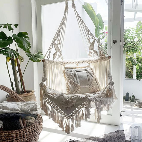 20 Creative Ways to Decorate Your Home With Macrame Chairs In Bedroom, Macrame Decor Ideas, 70s Macrame, Macrame Hanging Chair, Hanging Chairs, Cushion Chair, Macrame Hanging, Macrame Decor, Floor Cushion