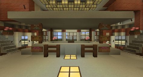 Minecraft hotel lobby signs Minecraft Hotel Lobby Ideas, Minecraft Hotel Lobby, Minecraft Lobby Ideas, Wallpaper Wall Design, Minecraft Hotel, Interior Design Minecraft, Minecraft Room Decor, Lobby Designs, Minecraft People