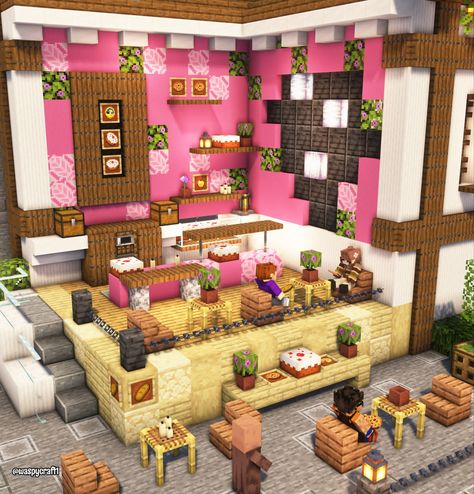 Cute House Decor Minecraft, Minecraft Bakery Interior Ideas, Minecraft Hangout Ideas, Minecraft Bakery Ideas Aesthetic, Minecraft Shops Interior, Minecraft Shop Ideas Interior, Minecraft Shops Ideas Interior, Minecraft Restaurant Ideas Interior, Bakery Interior Minecraft