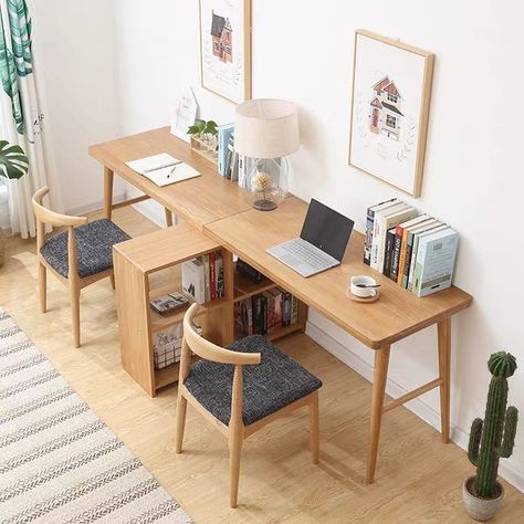 Home Office Shared Desk, Side By Side Desks Home Office, Two Person Small Office, Small Home Office Ideas 2 Desks, L Shaped Desk 2 Person, Two Desks In Living Room, Double Desk Small Space, Two Person Desk Small Space, 2 Person Desk Setup