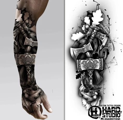 Viking Tattoo Sleeve Norse Mythology, Viking Arm Tattoo For Men, Viking Tattoo Ideas Norse Mythology, Viking Tattoos For Men, Traditional Viking Tattoos, Voll Arm-tattoos, Viking Warrior Tattoos, Warrior Tattoo Sleeve, Scandinavian Tattoo