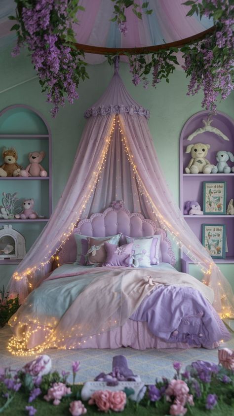 Fairy Lights Canopy Bed, Kids Canopy Bed Ideas, Fairy Light Canopy Bedroom, Rapunzel Aesthetic Room, Fairy Garden Bedroom Ideas Kids Rooms, Diy Bed Canopy For Kids, Unicorn Themed Bedroom Decorating Ideas, Fairy Room Ideas Kids, Whimsical Bedroom Kids