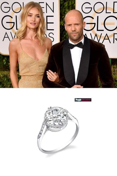 Rosie Huntington-Whiteley and Jason Statham   Statham chose a ring from the Neil Lane archives to propose to long-time girlfriend Huntington-Whiteley. The diamond is set in an original Edwardian setting on a platinum band. “It’s classic and elegant and the stone is perfection,” Lane told People. “Jason wanted something perfect and flawless and he kept coming back to this one.”        See more:     Inside Rosie Huntington-Whiteley and Jason Statham’s new US$13 million home Rosie Huntington Whiteley Wedding, Resort Style Home, Neil Lane, Celebrity Engagement Rings, Rosie Huntington, Romantic Jewellery, Jason Statham, Vogue Australia, Huntington Whiteley