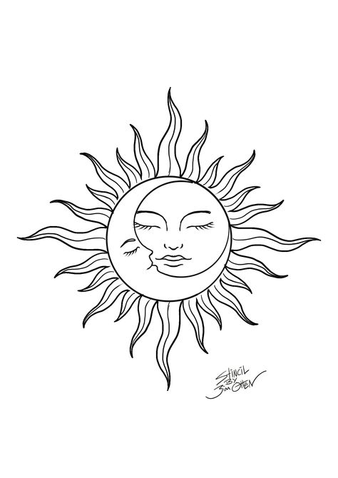 Sun Lady Tattoo, Sun And Moon Clipart, Sun Traditional Tattoo, Moon And Sun Tattoo Designs, Sun Tattoo Stencil, Sun And Moon Line Art, Sun And Moon Tattoo Stencil, Tattoo Sol E Lua, Sun And Moon Tattoo Ideas