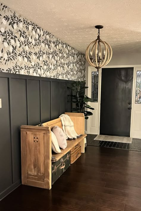 Board And Batten Foyer, Add Board And Batten, Board And Batten Hallway, Wallpapered Entryway, Dining Room Accent Wall, Room Accent Wall, Mudroom Decor, Board And Batten Wall, Dark Days