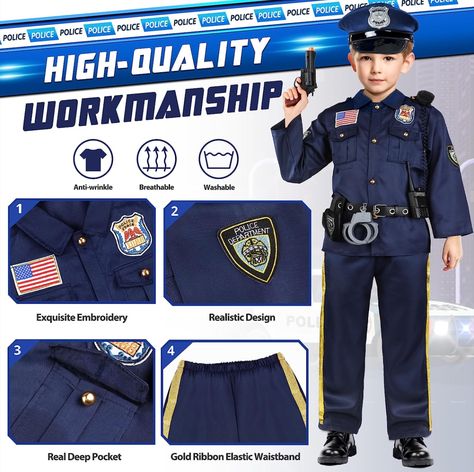 【All-In-One Deluxe Police Officer Costume for Kids】Joycover Super deluxe kids police officer costume set include everything you need for the best policeman experience! Come with a Police Shirt, Pants, Hat, Tie, Belt, Holster, Police Card, Police Body-worn Camera,Walkie Talkie, Handcuffs, Police Baton, etc. This kids costume toys set will absolutely make your little officer ecstatic! It’s the ideal Halloween, Christmas, or birthday gift. Kids Halloween Costumes For Boys, Police Costume For Kids, Kids Police Officer Costume, Halloween Costumes For Boys, Police Halloween Costumes, Officer Costume, Costumes For Boys, Police Toys, Police Officer Costume