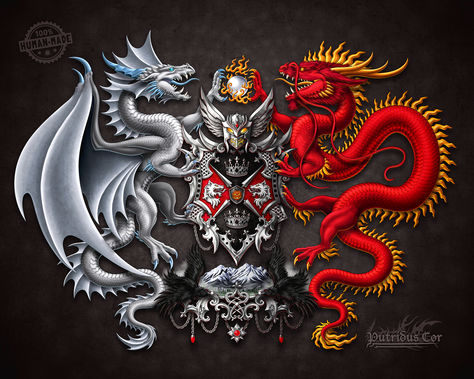 Gothic Fantasy, Custom Coat of Arms with Asian Dragon, Design your own Family Crest, Personalized Heraldry Art, or Emblem Logo Wedding Invitation and Anniversary Gift Ideas - Putridus Cor Dragon Coat Of Arms, Dragon Family, Anniversary Gift Ideas, Asian Dragon, Watchful Eye, Silver Dragon, Dragon Design, Family Crest, Emblem Logo