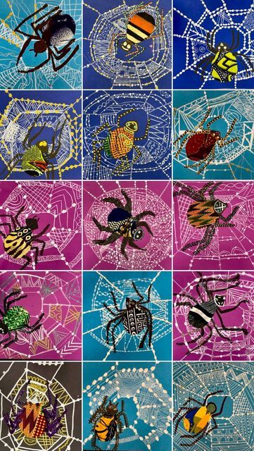 Lauralee Chambers🌀 on Instagram: "I forgot to share these amazing webs and beautiful kente cloth spiders, inspired by the African folktale from Ghana about Anansi the spider by Gerald McDermott. Lots of learning, lots of art elements and skills. #spiderart #spiderartwork #folktale #artandculture #artelements #fourthgradeart" 1st Grade Texture Art Projects, Art Projects For Upper Elementary, African Art Lesson, Line Art Activities, Spider Art Project, Anansi The Spider Art, Animal Art Lessons Elementary, K 5 Art Lessons, Spider Art For Kids