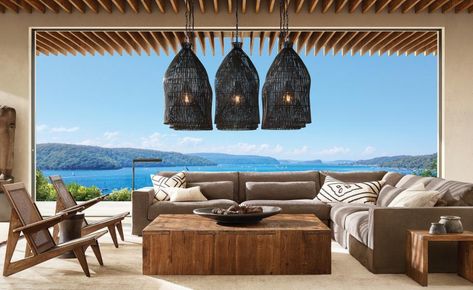 Rattan Bedroom, Beach House Rug, Hut House, Fitted Bedrooms, Pendant Light Styles, Living Room And Dining Room, Metal Pendant Light, Modern Coastal, Led Pendant Lights